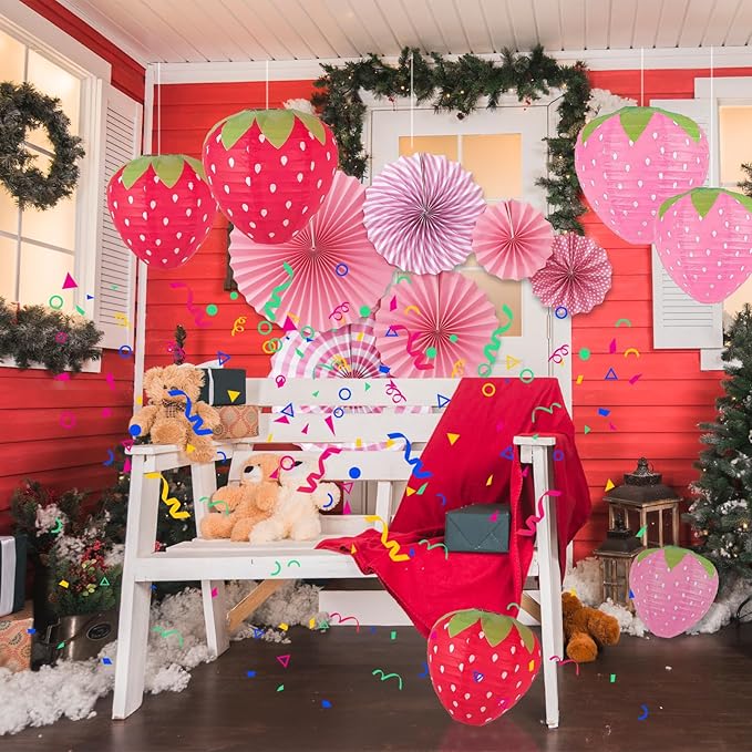 12 Pack Strawberry Paper Lanterns Paper Fan Party Decorations - Hanging Birthday Lantern Decor Fruit Themed Parties Strawberry Decorations Lanterns For Garden,Yard,Lawn,Etc.