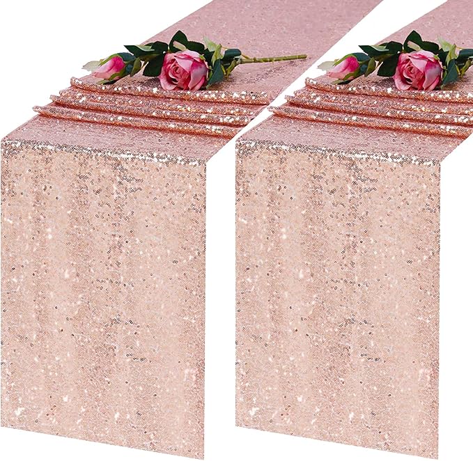 2 Pack Rose Gold Sequin Table Runner 12 x 108 Inch, High Density Sparkly Glitter Table Runners for Wedding Reception, Birthday Party, Baby Shower, Shimmering Pink Decor