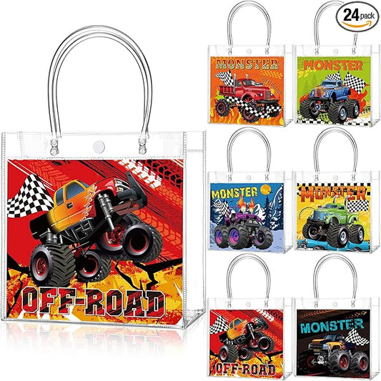 Teenyyou 24 Pcs Truck Party Favor Bags PVC Goodie Treat Tote Clear Gift Bags with Handles Racing Truck Theme Birthday Party Supplies