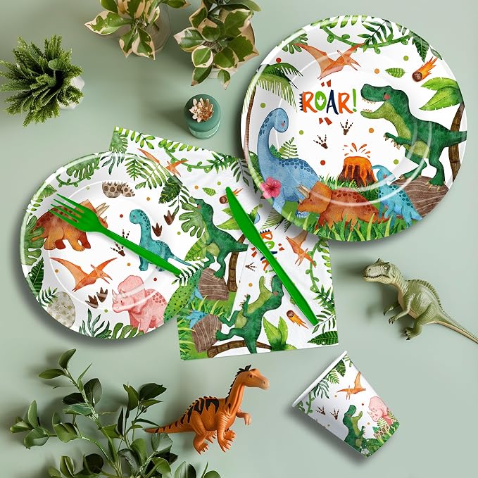 Srua Don Dinosaur Birthday Party Supplies Boy - Dino Dinosaur Birthday Decorations Tableware, Paper Plate, Cup, Napkin, Tablecloth, Disposable Cutlery, Banner, Serves 24