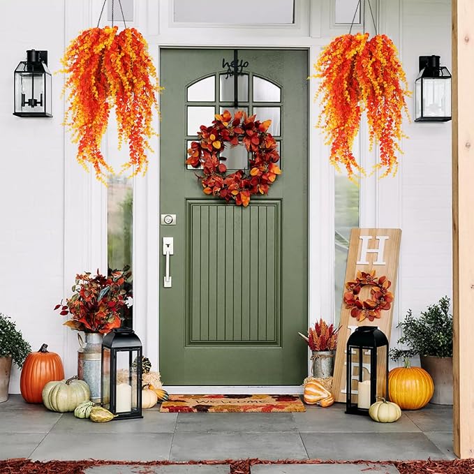RECUTMS Artificial Greenery for Outdoors 31.5" Faux Hanging Baskets Plants | 3Pcs Fake Vine Plants,Gold Hanging Greenery Stems Autumn Decor of Living Room Bedroom Kitchen Front Porch Yard Garden Wall
