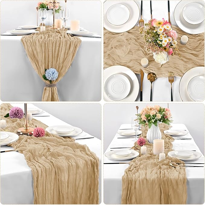 10 Pcs Beige Cheesecloth Table Runner 10FT, Gauze Table Runner for Wedding Reception Sheer Bridal Shower Birthday Party Boho Table Decoration, Rustic Romantic Wedding Runner