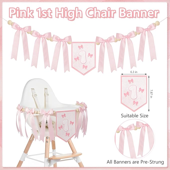 THAWAY 1st Birthday Decorations Girl - Pink First Birthday Decorations for Girl with One High chair banner, Felt Banner, Hat and Glitter Cake Topper for Baby Girl Birthday Photoshoot Props