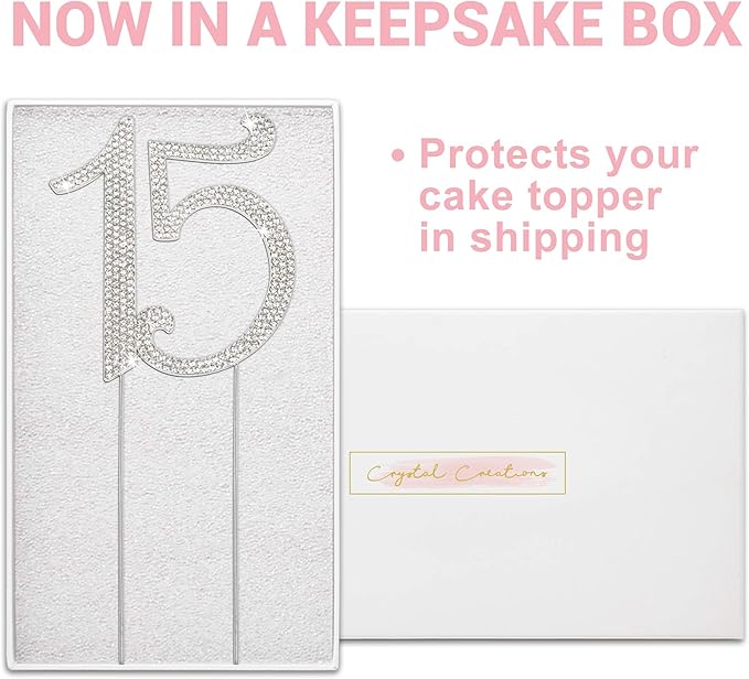 15 Cake Topper - Premium Silver Metal - 15th Birthday or Anniversary Party - Sparkly Rhinestone Quinceanera Cake Topper Decoration Makes a Great Centerpiece - Now Protected in a Box