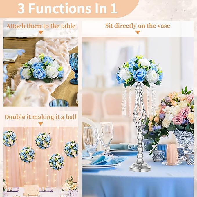 NUPTIO Flower Balls for Wedding Table Centerpieces, Blue & White Fake Rose | 2 Pcs Artificial Silk Floral Bouquet Arrangements, for Birthday Party, Baby Shower, Quinceanera, Housewarming Decorations