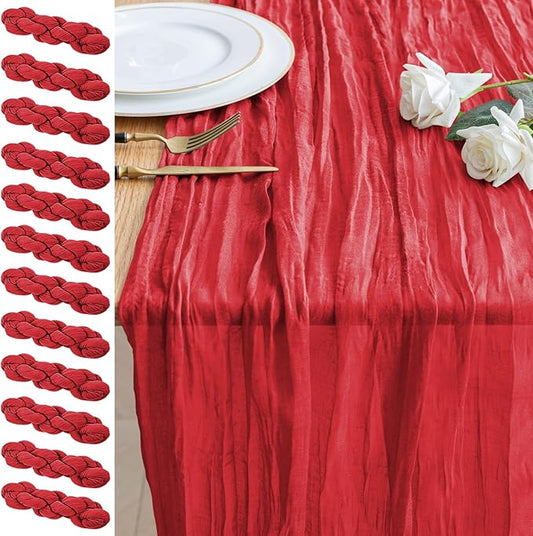 12PCS Table Runner Cheesecloth 10FT Red Boho Gauze Cheese Cloth Rustic Sheer Table Runners for Wedding Birthday Bridal Baby Shower Party Decoration