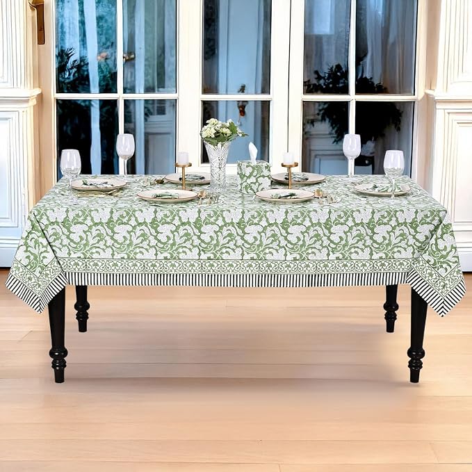 Ridhi Sage Green Hand Block Print Cotton Rectangle Tablecloth 120" x 60" inches Reusable Table Cover Decorative Everyday Use for Dining Room, Farmhouse, Home Gift for Spring, Mother's Day