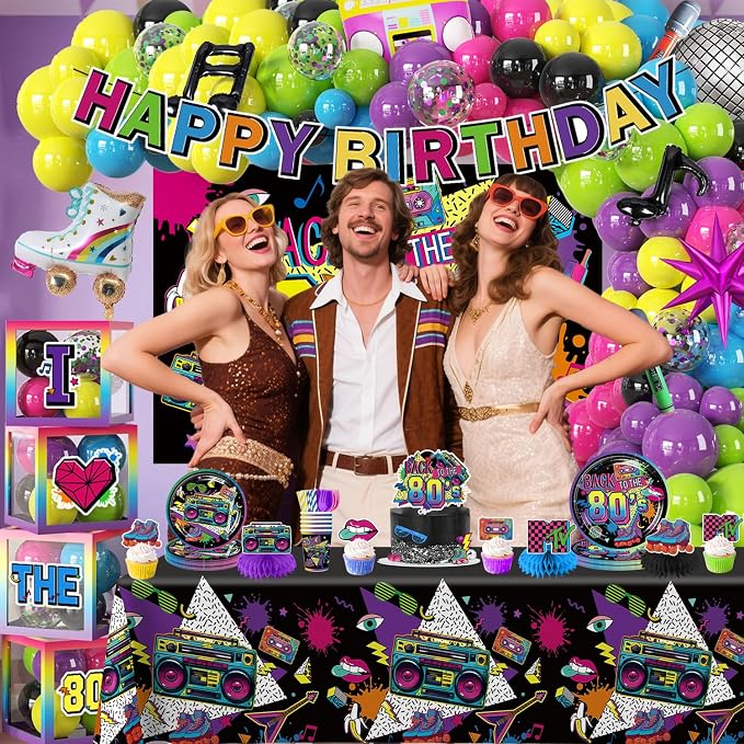 277pcs 80s Party Decorations Serves 25, All-in-one Set with Back To The 80's Backdrop Tableware Balloon Arch Tablecloth Balloon Box Cupcake Topper Table Decor, Etc. for 80s Party Decorations