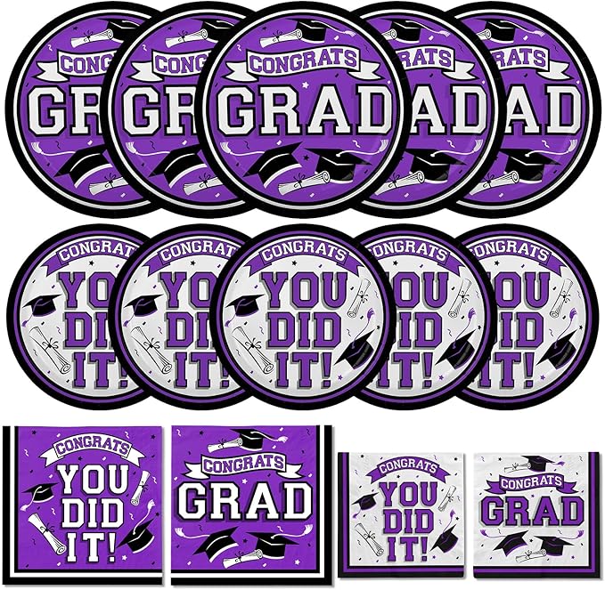 Graduation Party Supplies Dinnerware Set purple Disposable dinner paper plates dessert paper plates and Napkins for Congrats Grad Party Decorations, Serve 50