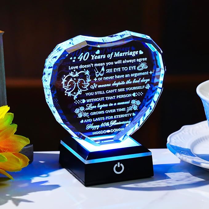 Arikyrist 40th Wedding Anniversary Crystal Heart Gifts for Couple Parents, Laser Engraved 40th Anniversary Decoration Gifts for Wife Husband, 40 Years of Marriage Gift for Him Her Friends