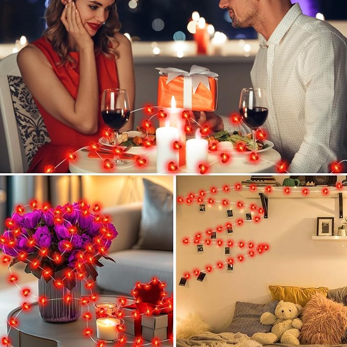 Valentine's Day Red Heart Fairy Lights 7Ft 20 LED Twinkle 3 Modes String Lights Battery Operated Waterproof Firefly Starry for Mason Jar Party Wedding Valentines Mother's Day,2 Pack