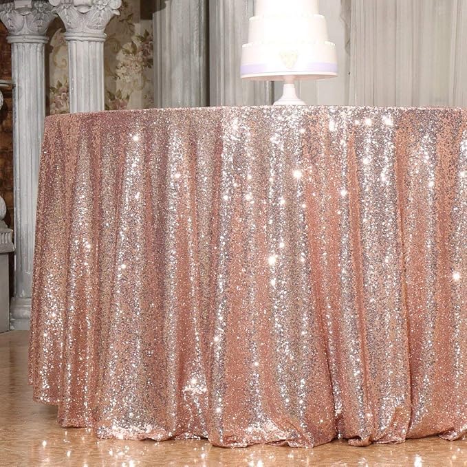 PartyDelight 132" Round Rose Gold Sequin Tablecloth Floor Length for 72-inch Round Table High-Density 3mm Stitched Sequins Luxury Cover for Weddings, Galas & Receptions