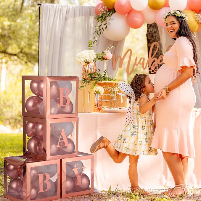 Valentine's Day Balloon Box with Letters Gift Box for Romantic Surprise Baby Boxes for Baby Shower, Gender Reveal Decorations with 4 Transparent Boxes for Baby Shower Decorations(Rose Gold)