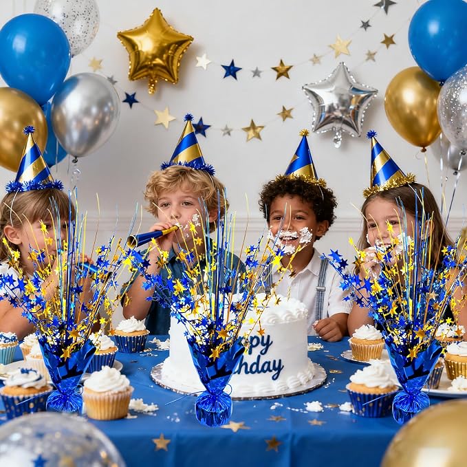 6 Pack Metallic Foil Spray Table Centerpiece Decoration Star Brust Glitter Table Topper Decor for Birthday Graduation Holiday Christmas New Year's Eve Celebration Party Supplies Gold and Blue