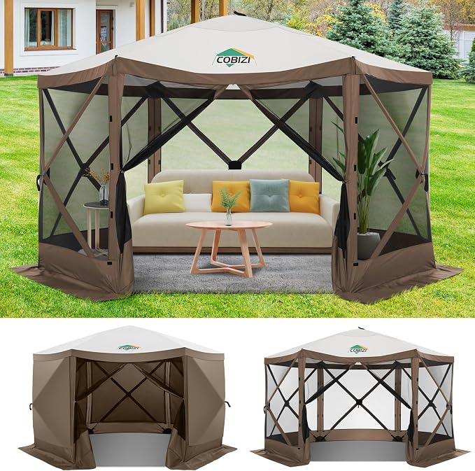 COBIZI 12x12 FT Pop Up Canopy Shelter Tent, Large Gazebos On Clearance with Sidewalls, Screened in Gazebo, Screen Tents Portable carpas para Patio for Outdoor Camping, Backyard, Garden, Beach,Brown