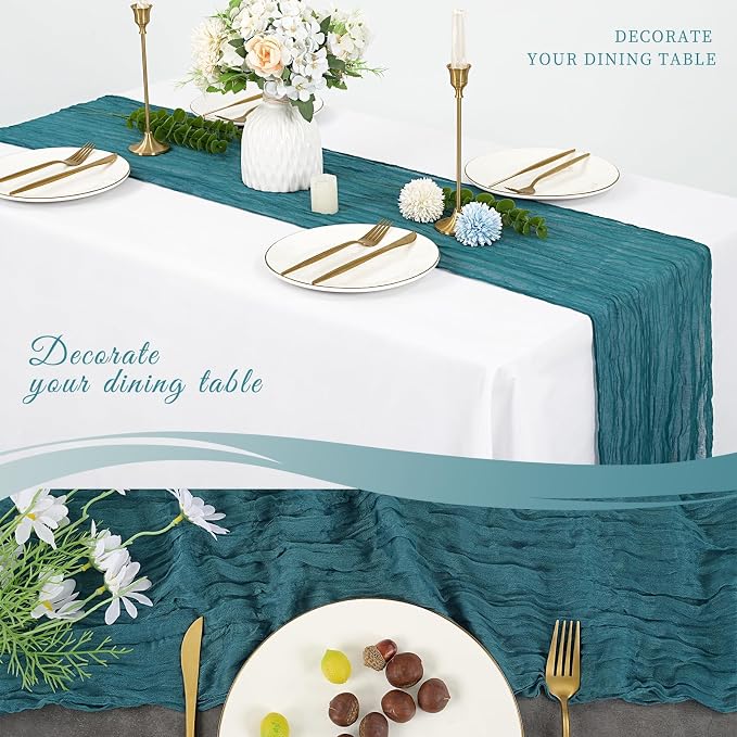 20 Pack Cheesecloth Table Runner 17 x 108 inch Long Boho Gauze Table Runners Semi Sheer Table Runner for Wedding Decor, Baby Shower, Birthday Party, Banquet (Teal)