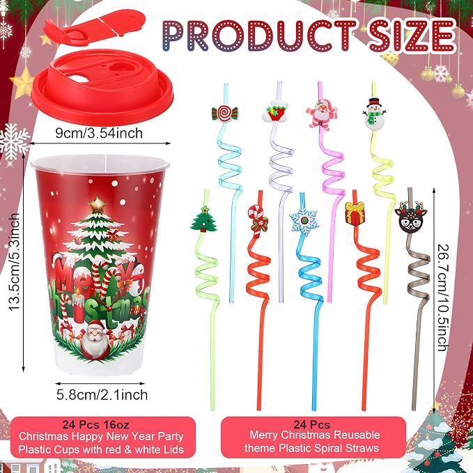 Maxcheck 24 Sets 16 oz Christmas Party Favors Goodie Cups with Colorful Lids and Straws for Birthday Decorations Reusable Plastic Candy Cups Bulk Plastic Straws for Birthday Party Celebration Gifts