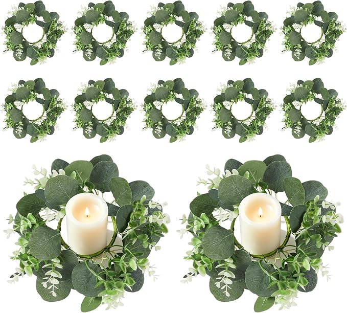 12 Pcs Artificial Eucalyptus Candle Rings Wreaths, 9 Inch Candle Rings with Baby Breath, Greenery Candle Rings for Pillar Candles, Wedding Centerpieces, Home Decor