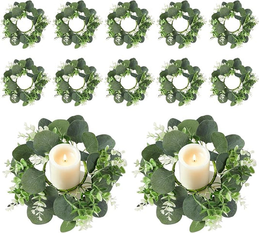 12 Pcs Artificial Eucalyptus Candle Rings Wreaths, 9 Inch Candle Rings with Baby Breath, Greenery Candle Rings for Pillar Candles, Wedding Centerpieces, Home Decor