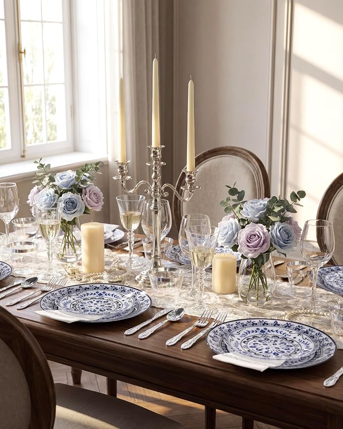Hioasis 60pcs Blue Plastic Plates Set - Floral Blue & White Porcelain Design, 10.25" Dinner & 7.5" Dessert Plates Disposable for Wedding & 4th ofJuly (Dishwasher Safe, Traditional Style)