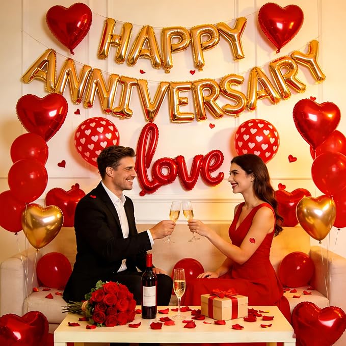 Happy Anniversary Balloons Kit Red Gold Balloon with Heart Shaped, Love Foil Balloons and 1000 Pieces Rose Petals for Anniversary Valentine's Day Proposals Decorations
