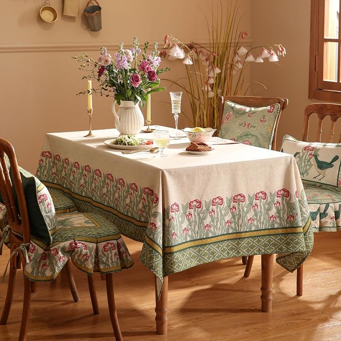 patdrea Vintage French Linen Tablecloth,Rectangular,87"x55"-Cecilia D | Colorful Elegant Table Cloth for Rectangle Table,Floral Vine Patterned,Dining Room Tea Party Thanksgiving Decor