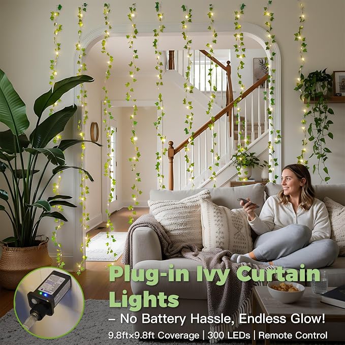 suddus 300 LED Vines with Lights Plug in, 9.8ft x 9.8ft Fairy Lights with Vines, Ivy Curtain Lights for Wall, Bedroom, Dorm, Wedding, Party, Indoor, Outdoor Decor(Warm White)
