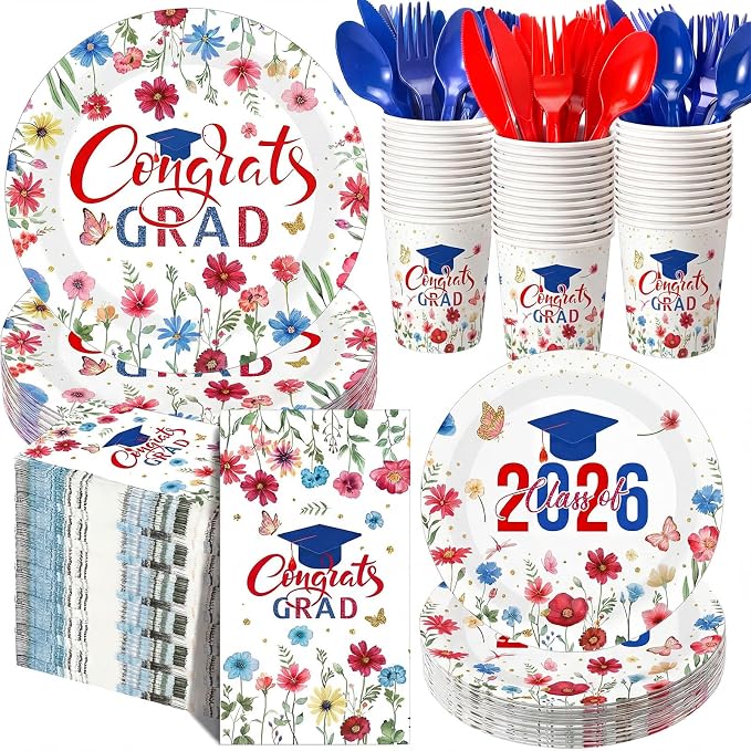 400 Pcs 2026 Red White Blue Graduation Decoration for 50, Red Blue Floral Graduation Paper Plates Napkins Cups Cutlery Flower Grad Tableware for Class of 2026 Congrats Grad Party Supply