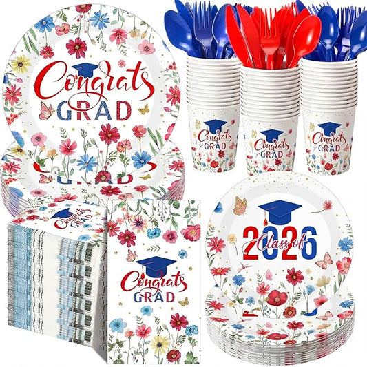 400 Pcs Class of 2026 Red Blue Floral Graduation Decoration for 50, Red White Blue Graduation Paper Plates Napkins Cups Cutlery Flower Grad Tableware for 2026 Congrats Grad Party Supply