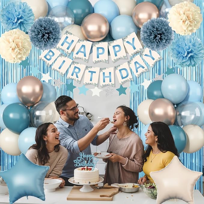 Blue Birthday Decorations, Retro Dusty Blue Sand White Gold Party Balloon Kit with Happy Birthday Banner Fringe Curtain Background Pom Poms Cake Topper for Baby Boys Girl Women Men Bday Decor Supplies