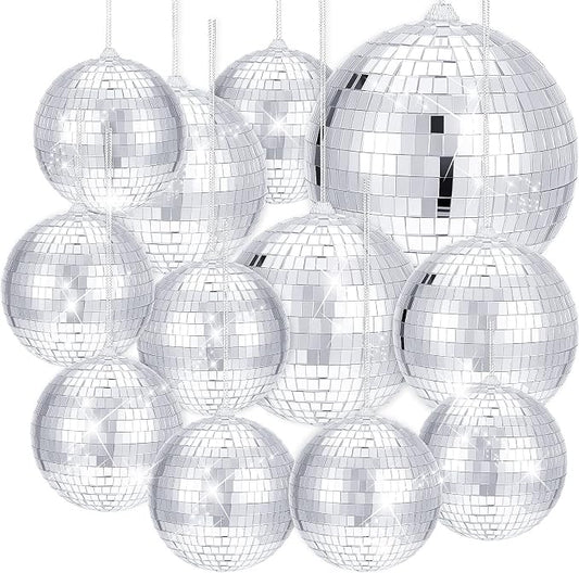 WILLBOND 12 Pack Disco Ball Party Decorations Hanging Mirror Balls Fun Retro Dj Lighting Effect Stage Props Game Accessories, 5.91", 3.94", 3.15", 2.36"(Silver)