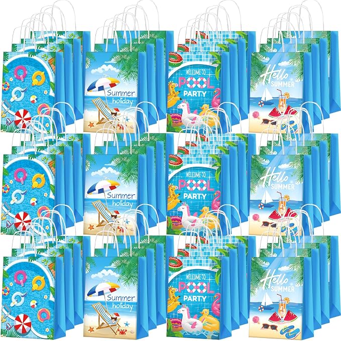 Outus 48 Pieces Summer Pool Party Favors Bags Beach Gift Goodie Paper Bags with Handles Beach Swimming Pool Candy Treat Pouch for Summer Hawaiian Luau Birthday Holiday Party Supplies