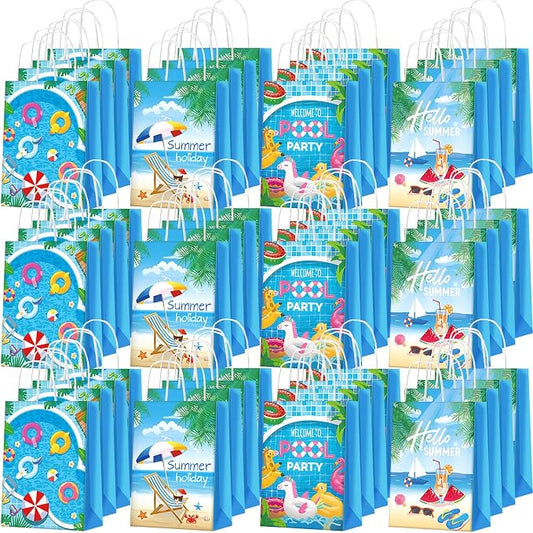 Outus 48 Pieces Summer Pool Party Favors Bags Beach Gift Goodie Paper Bags with Handles Beach Swimming Pool Candy Treat Pouch for Summer Hawaiian Luau Birthday Holiday Party Supplies
