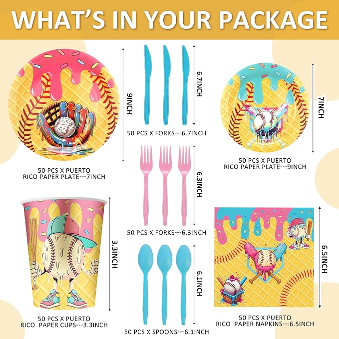 FoldTier 350 Pcs Ice Cream Drip Baseball Birthday Party Decorations Set Ice Cream Paper Plates Napkins Fork Set Disposable Fairy Tableware Decorations Supplies for Baby Shower Dinner Serves 50