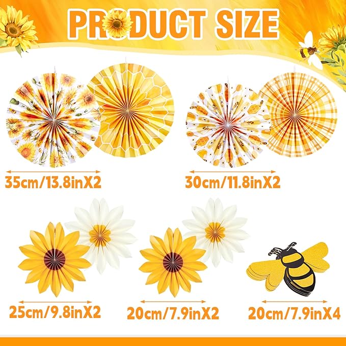 PAPER JAZZ Sunflower Paper Fan,Sunflower Party Decoration Hanging for Wall Sun Flower Paper Garlard with Bumble Bee Baby Shower for Yellow Birthday Party Bulletin Board Classroom
