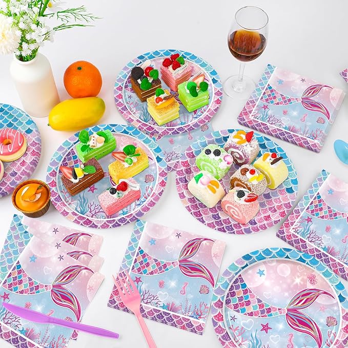 168PCS Mermaid Party Supplies for Birthday Summer Pool Themed Party Decorations Ocean Under The Sea Tableware Mermaid Tail Paper Plates Cups Napkins Set Serves 24 Guests