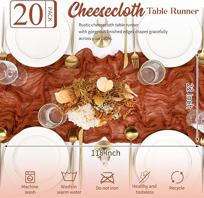 20 Pack Terracotta Table Runner 10FT Long Cheesecloth Table Runner Cheese Cloth Gauze for Wedding Party Birthday Decoration-Terracotta