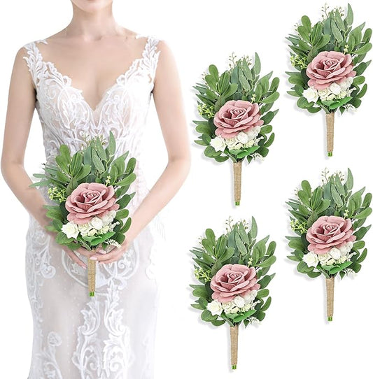8 Inch Bridesmaid Bouquets Set of 4 - Artificial Flowers Greenery Bouquet for Wedding, Small Floral Bouquet for Ceremony Anniversary Marriage Proposal Centerpiece Decorations - Dusty Pink