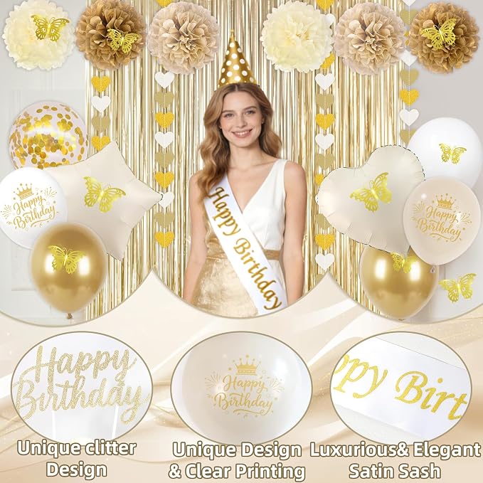 56PCS Champagne Gold Birthday Decorations for Women, White and Gold Birthday Decorations Include Banner Balloons 3D Butterfly Stickers Fringe Curtain Paper Pompoms, Happy Birthday Supplies for Girls