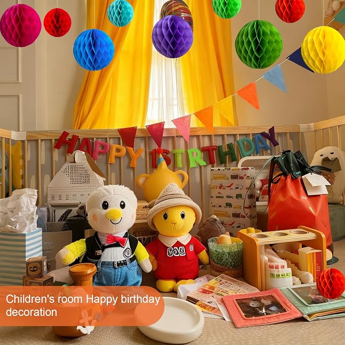 Pre-Strung Happy Birthday Decoration, Fabric Felt Birthday Banners Poms Pom Party Garland Felt Pennant Flag With 10PCS Honeycomb Balls, Reusable Party Celebrations