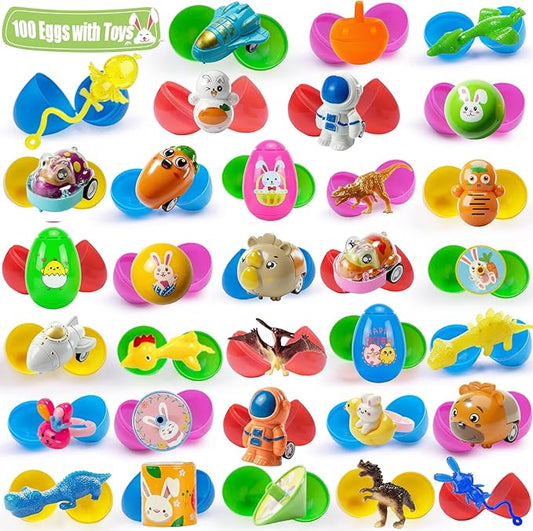 SQZUWIT 100 Pcs Prefilled Easter Eggs Filled with Toys Inside for Kids Boys Girls Pre-filled Easter Hunt Basket Stuffers Essentials Fillers Party Favors Classroom Prize Supplies