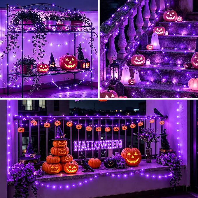 YEGUO 4 Pack Halloween Solar Fairy Lights, Each 33ft 100 LED Purple Christmas Lights Outdoor Waterproof, 8 Modes Sliver Wire Solar String Lights