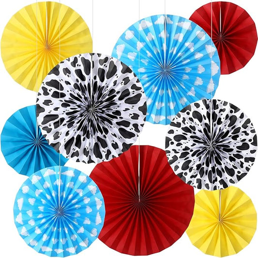 Outus 9 Pcs Cartoon Story Party Paper Fans Blue Sky White Clouds and Cow Print Hanging Decorations Red Yellow Blue Paper Fans Hanging Ceiling Wall Decors for Birthday Baby Shower Party Supplies