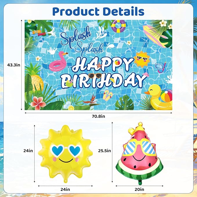 Summer Pool Beach Birthday Party Decorations, Splash Summer Backdrop Banner Hanging Swirls Honeycomb Centerpieces Cake Toppers Foil Balloons for Tropical Swimming Luau Water Hawaiian Party Decor(Blue)