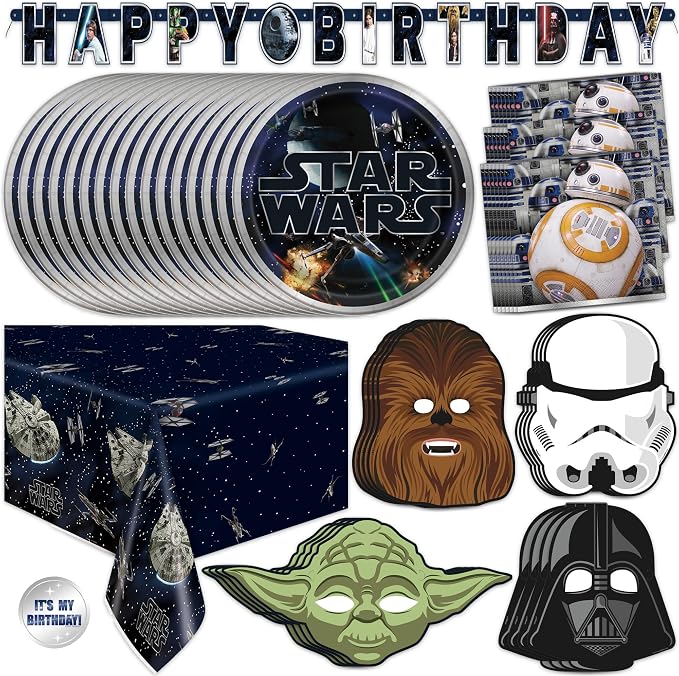 Star Wars Birthday Decorations Set | With 16 Plates, 16 Napkins, 16 Masks, Banner, Tablecover, Birthday Sticker | Officially Licensed