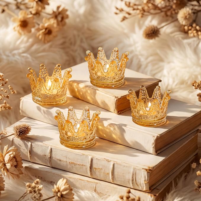 Rubltamp 6 Pack Amber Crown Votive Candle Holders,Glass Crown Tealight Candle Holders, Vintage Candle Holder Bulk for Table Centerpieces, Home, Bridal Shower, Birthday, Wedding