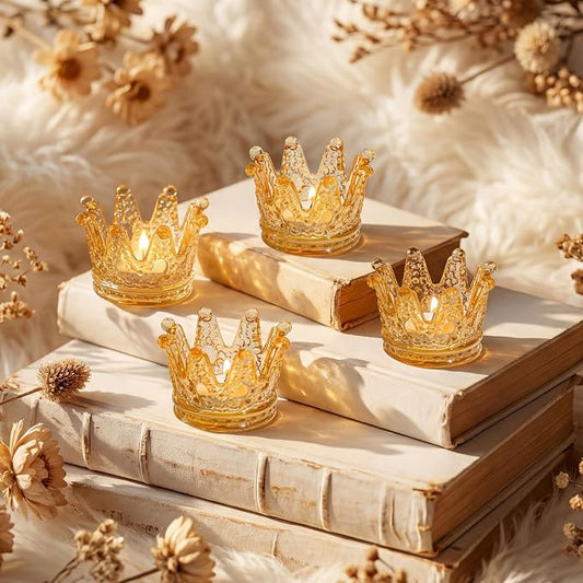 Rubltamp 6 Pack Amber Crown Votive Candle Holders,Glass Crown Tealight Candle Holders, Vintage Candle Holder Bulk for Table Centerpieces, Home, Bridal Shower, Birthday, Wedding