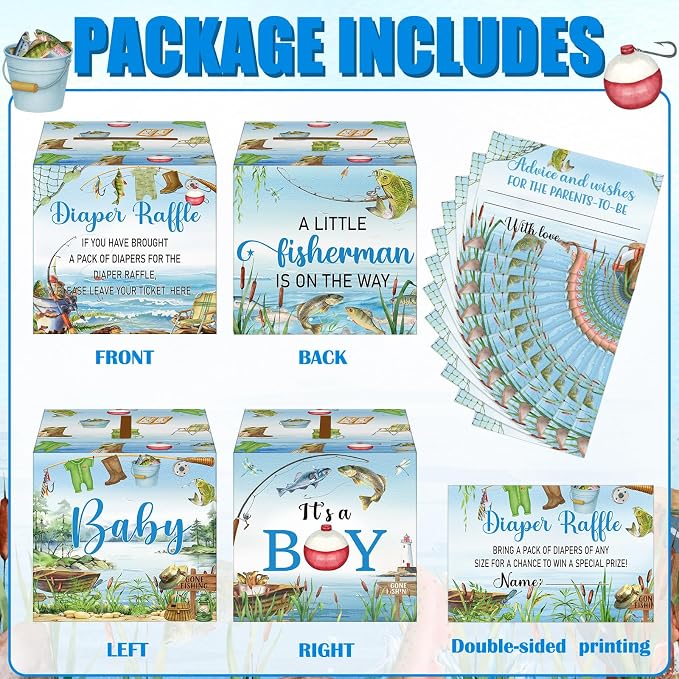 Teling 51 Pieces A Little Fisherman is on the Way Diaper Raffle Tickets with Card Box Baby Shower Decorations Gender Reveal Holder Box for Girl Boy Diaper Raffle Party