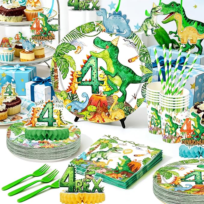Roar I’m Four Dinosaur 4th Birthday Party Supplies Decorations for Boys Jungle T-rex 4 Rex Tableware Pre-Strung Banners Garland Honeycomb Centerpieces Talbelcoth Hanging Swirls Cupcake Topper Serve 25