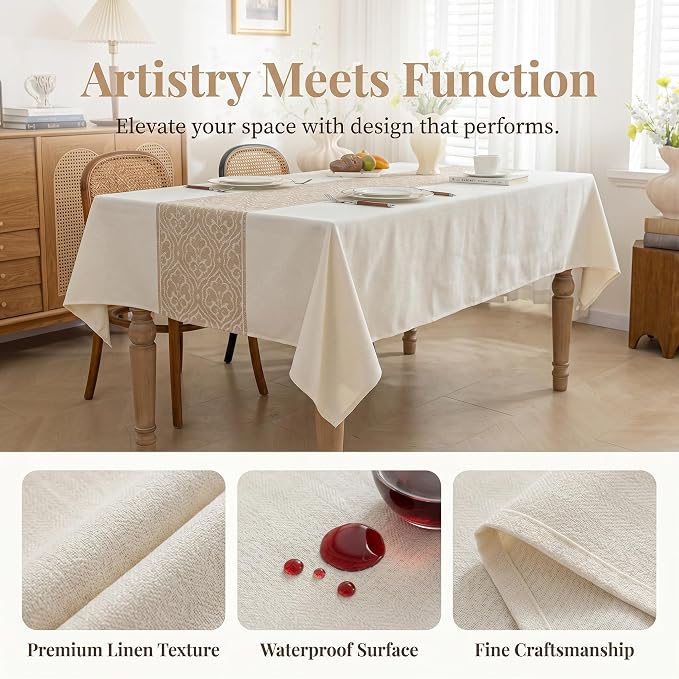 Boho Faux Linen Tablecloth, Rectangle Vintage Geometric Cover | Spillproof & Wrinkle Free Minimalist Center Table Cloth for Farmhouse Kitchen Dining Room Decor